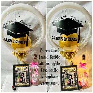 Personalized Frame, Bubble Balloon, Lighted Rose Bottle & Keychain Arrangement