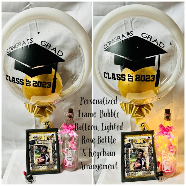 Personalized Frame, Bubble Balloon, Lighted Rose Bottle & Keychain arrangement Personalized Frame, Bubble Balloon, Lighted Rose Bottle & Keychain Arrangement