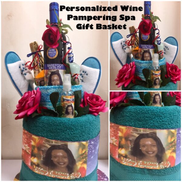Towel Cake Personalized Wine Pampering Spa Basket towel cake