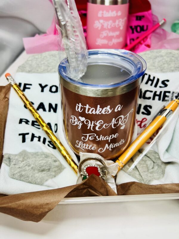 IMG_3135 Teacher’s Appreciation Wine Tumbler Gift Basket – Keychain, Socks & More with Balloon
