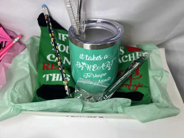 IMG_3138 Teacher’s Appreciation Wine Tumbler Gift Basket – Keychain, Socks & More with Balloon