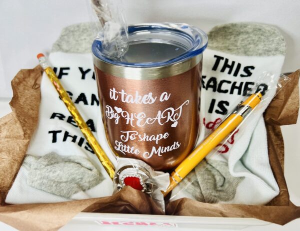 IMG_3143 Teacher’s Appreciation Wine Tumbler Gift Basket – Keychain, Socks & More with Balloon