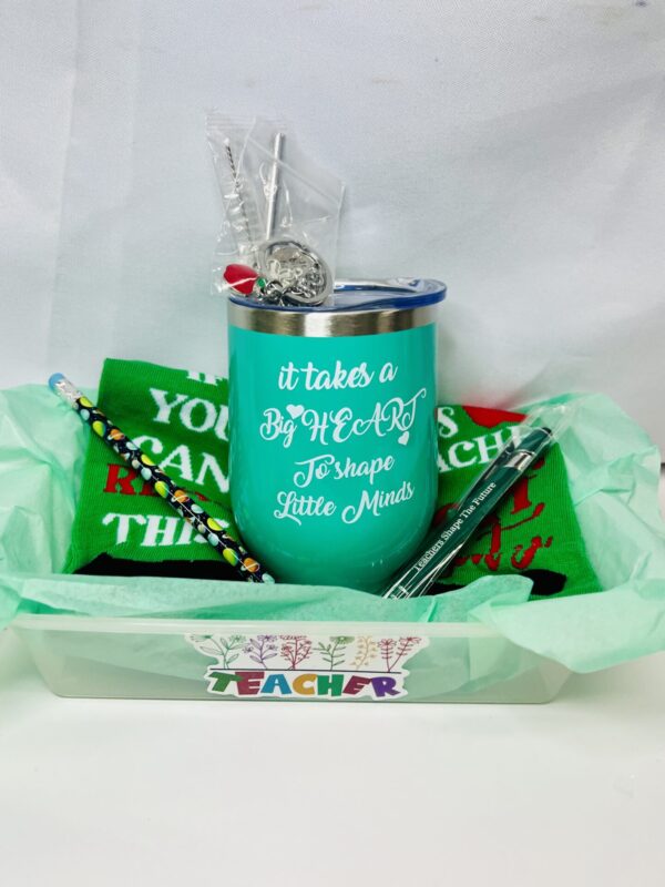 IMG_3151 Teacher’s Appreciation Wine Tumbler Gift Basket – Keychain, Socks & More with Balloon