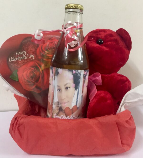 MINI CIDER & TEDDY BEAR & BOX of CHOCOLATES Gift Basket Valentine Gifts