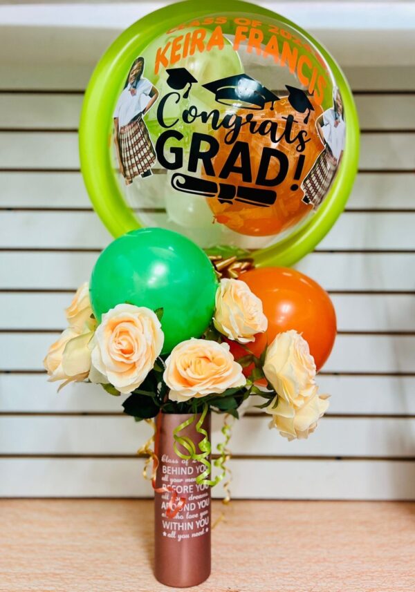 img_0567 Graduation Personalized Floral Bubble Balloon Arrangement In Stainless Steel Tumbler